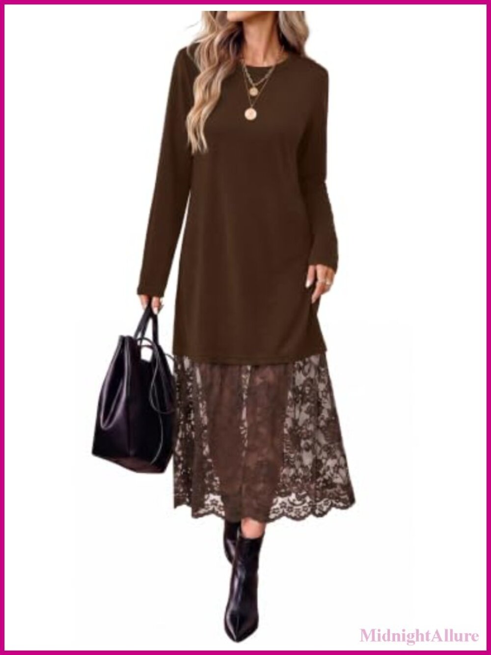 Womens Midi Dress Long Sleeve Lace Patchwork Fall Wedding Guest